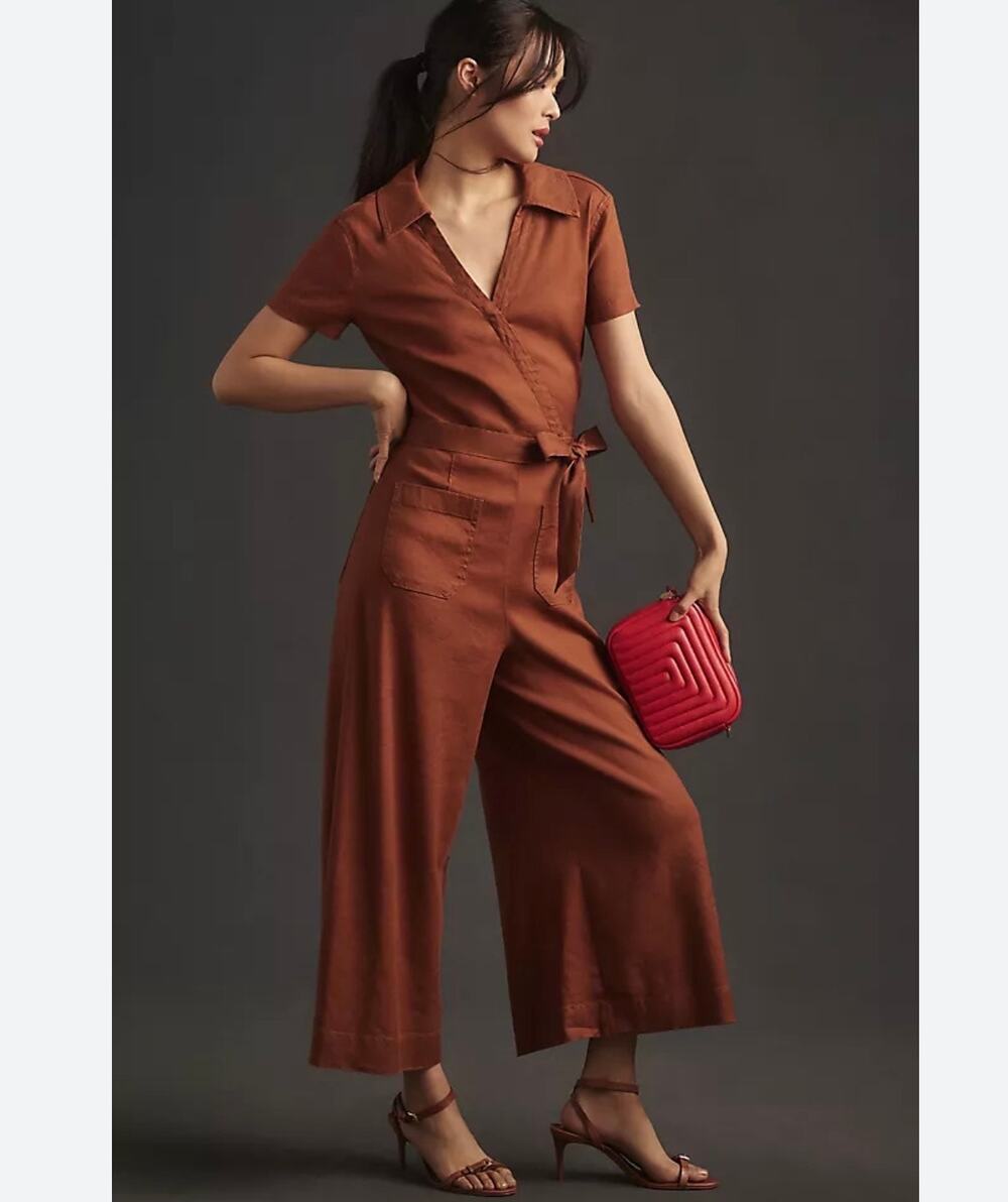 Maeve Anthropologie Collette Burnt Orange Wide Leg Short Sleeve Jumpsuit
